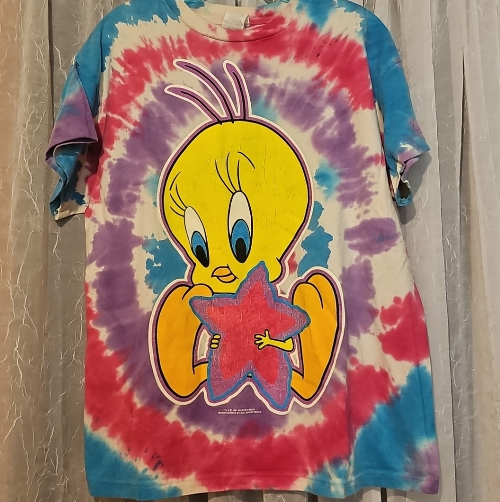 VINTAGE 1994 90s Tweety LOONEY TUNES TIE-DYE T-Shirt MED LARGE Y2K